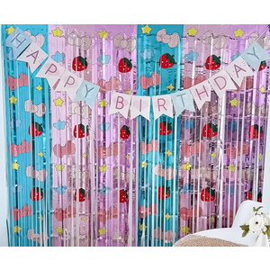 Pink Bow Birthday Decorations | 3.3x6.6ft Tinsel Fringe Backdrop with Banner 3 Pack Party Supplies for Girls Theme Party | Blue & Pink Foil Streamers, Pack of 3