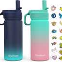 Kids Water Bottle, 2-Pack 16oz Water Bottles with Stickers and Straw, Stainless Steel Vacuum Insulated cup, Kids Water Bottle for School, Gifts for Boys and Girls(Blue/Green)