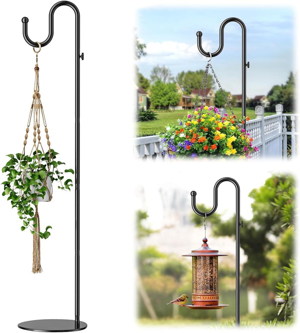 74" Shepherds Hook Stand: Hanging Wind Chimes, Bird Feeders, Plants, Lanterns and Wreath, Adjustable Free Standing Pole Holder with Heavy Duty Base for Indoor & Outdoor, Holds Up to 20 LBS