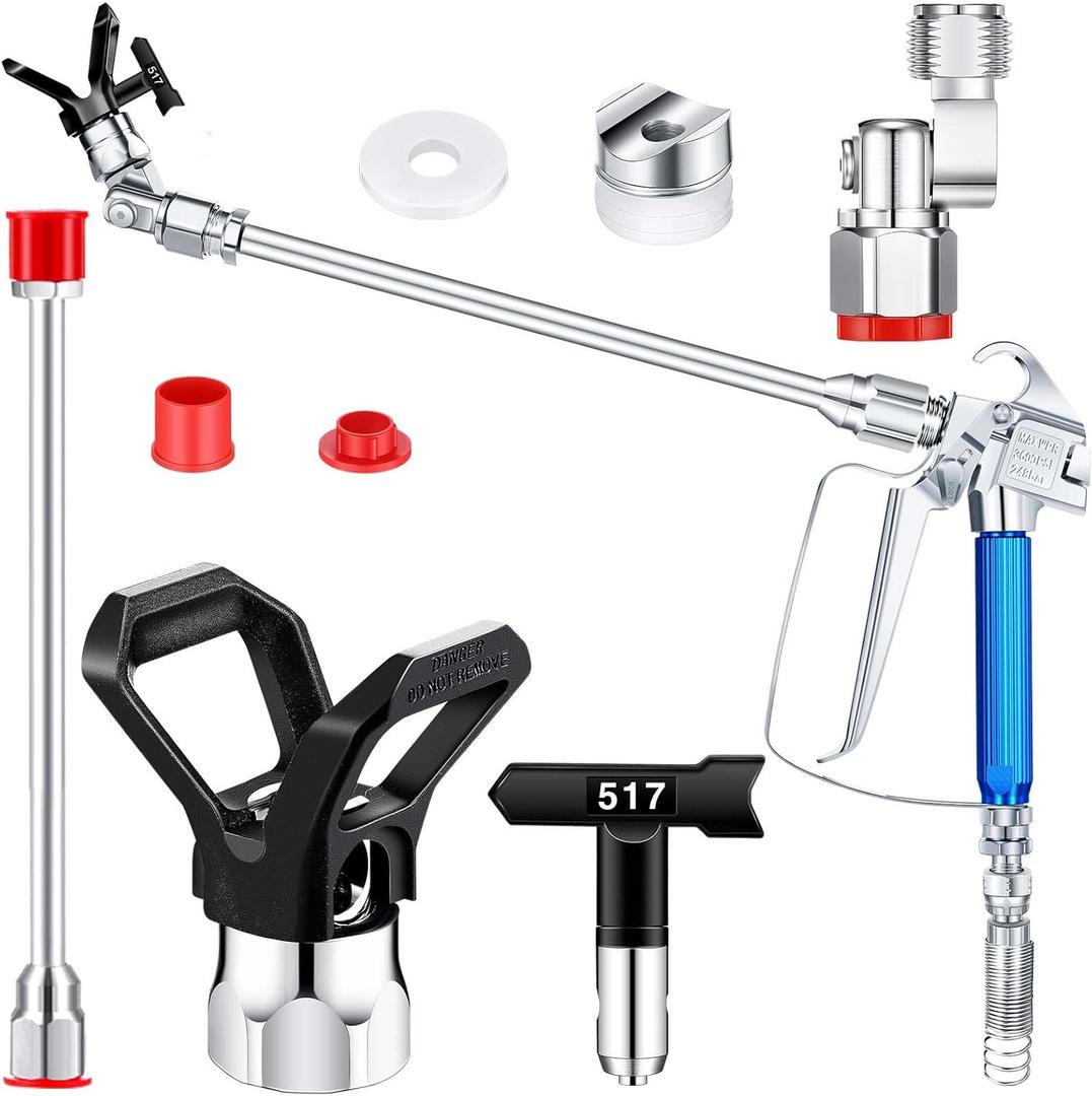 5 Pcs Airless Sprayer Gun Hose Kit Airless Paint Spray Gun High Pressure 3600 Psi 517 Tip Swivel Joint with Nozzle Guard Tips and 10 Inch Extension Rod for Machine Paint