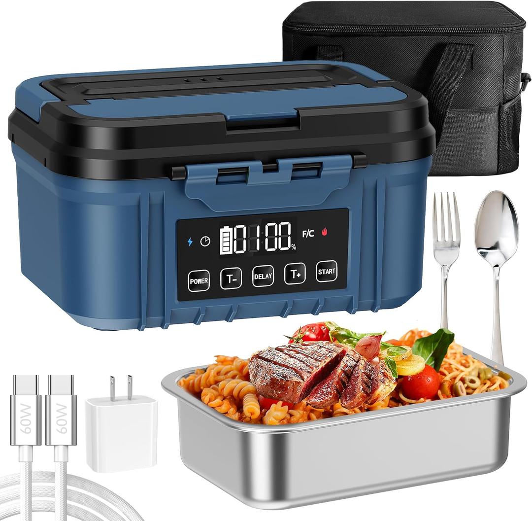 Cordless Electric Lunch Box for Adults  Battery-Powered Heated Lunch Box with 1.2L Stainless Steel Container, Timer Function, and Leak-Proof Food Warmer for Work, Travel & Office(Aqua Blue)