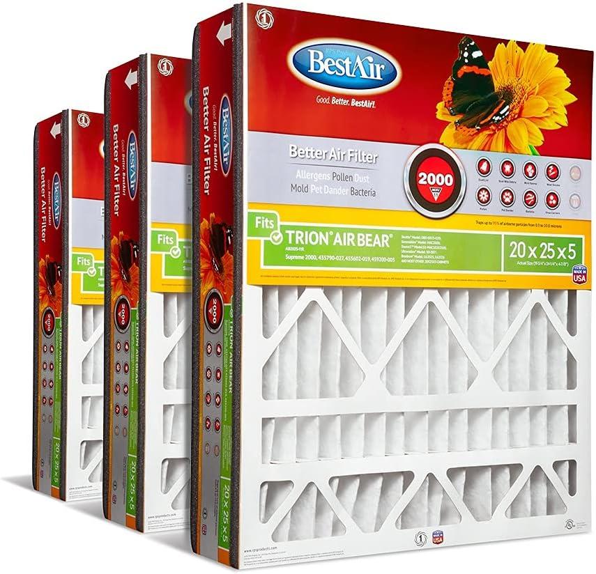 BestAir AB2025-11R AC Furnace Air Filter, 20" x 25" x 5", MERV 11, Fits 100%, For Trion Air Bear, Supreme, Skuttle, GeneralAire, Source1, Ultravation & Braeburn Models, Pack of 3 (White) BestAir AB2025-11R AC Furnace Air Filter, 20" x 25" x 5", MERV 11, Fits 100%, For Trion Air Bear, Supreme, Skuttle, GeneralAire, Source1, Ultravation & Braeburn Models, Pack of 3 (White)