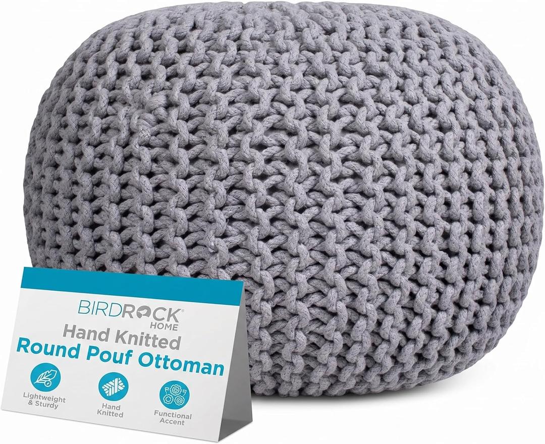 BIRDROCK HOME Round Pouf Ottoman Foot Rest - 18.5”x18.5”x15” Boho Compact Comfortable Soft Cotton Braided Foot Stool with Bean Bag Filling for Living Room, Bedroom, or Nursery (Light Gray)