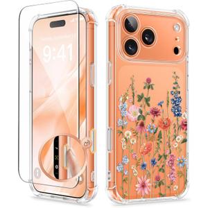 GVIEWIN for iPhone 17 Pro Max Case with Screen Protector, Upgraded [Full Camera Protection] [Non Yellowing] Floral Slim Shockproof Clear Women Phone Cover for iPhone 17 Pro Max 6.9" (Wild Petals)