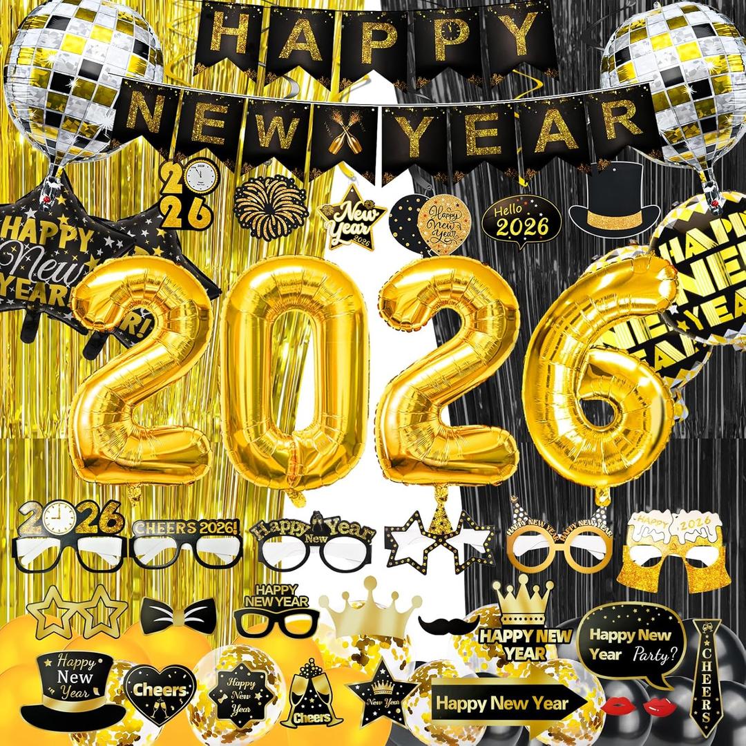 71 PCS Happy New Year Decorations Include 2026 Numbers Balloons Banner Swirls Glasses Photo Props Black Gold Fringe Curtain for 2026 New Years Eve Party Supplies
