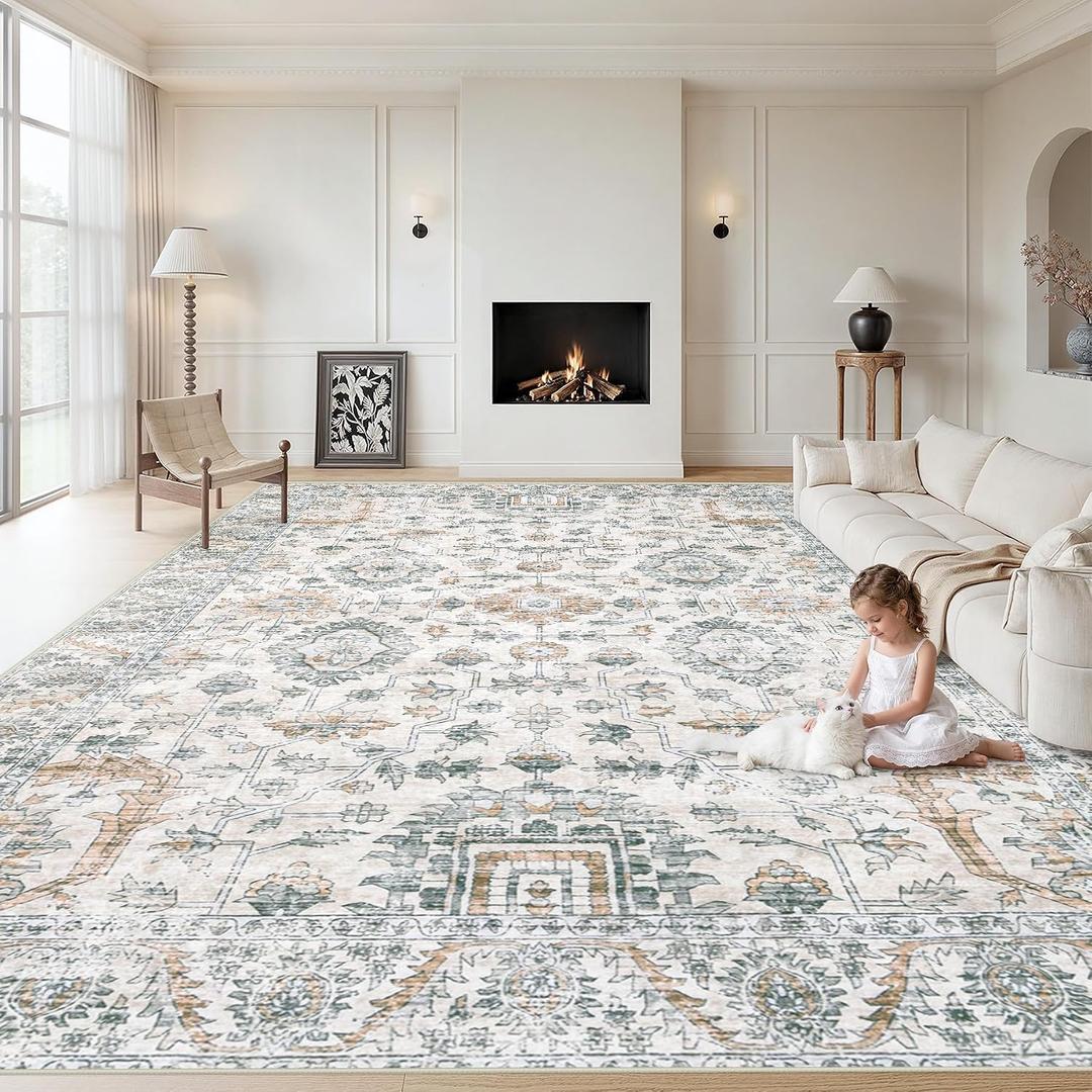 XLUEZ Area Rug 9x12 Living Room Rug, Machine Washable Vintage Distressed Boho Area Rug Non-Slip Soft Low Pile Large Indoor Rugs for Bedroom Kitchen Dining Room Office(Brown Green,9'x12')