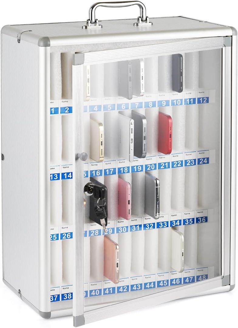 Loghot Aluminum Alloy Pocket Chart Cell Phones Storage Cabinet for Cell Phones, Wall-Mounted Cell Phone Locker Phone Holder with Lock for Classroom, Office, Can be Carried by Hand (48 Slots)