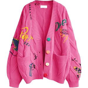 Women's Cable Knit Long Sleeve Open Front Cardigan Sheep V-Neck Button Down Embroidery Wool Blend Sweater Coat Outwear (Medium, Rose Red)
