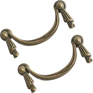 Vintage Brass Drop Bail Drawer Pulls 4 Pack, Antique Cabinet Handles for Dresser and Cupboard, Classic Furniture Hardware, 3-3/4 Inch Hole Center