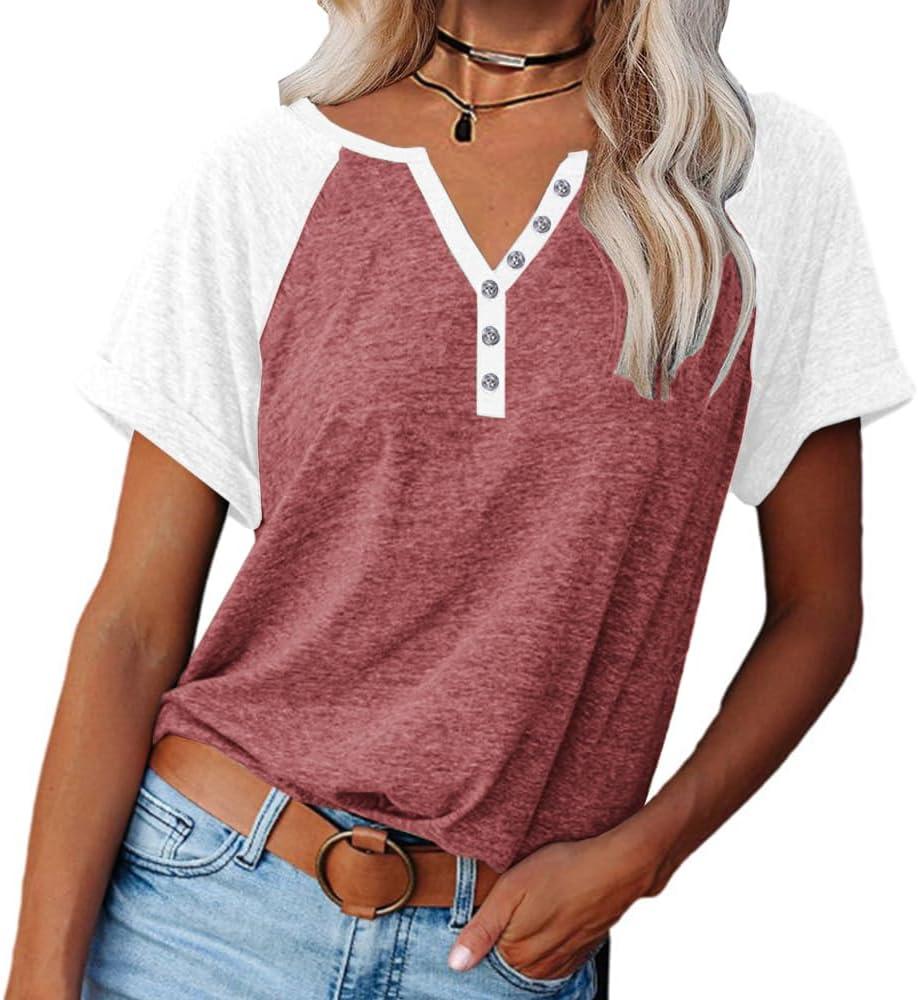 Womens Shirts Summer Henley V Neck Color Block Tshirts Raglan Short Sleeve Casaul Trendy Tops (Red)