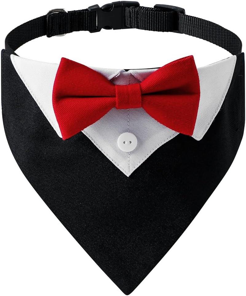 Tuxedo Dog Collar for Wedding Engagement and Birthday, Formal Dog Bandana Collar Costume with Bow Tie and Adjustable Buckle,Suitable for Small Medium Large Dog (Red, S)