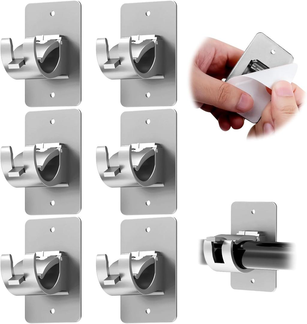 6PCS No Drill Curtain Brackets, Self-Adhesive Rod Holders, Universal Plastic Nail Free Adjustable, Curtain Hooks for Rods Less Than 1.57 Inch Diameter (Sliver)