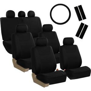 FH Group Light & Breezy Flat Cloth Cars Seat Covers Combo Steering Wheel Cover & Seat Belt Pads, Airbag and Split Rear Universal Fit Interior Accessories Cars Trucks SUV 7 Seater Three Row Set Black