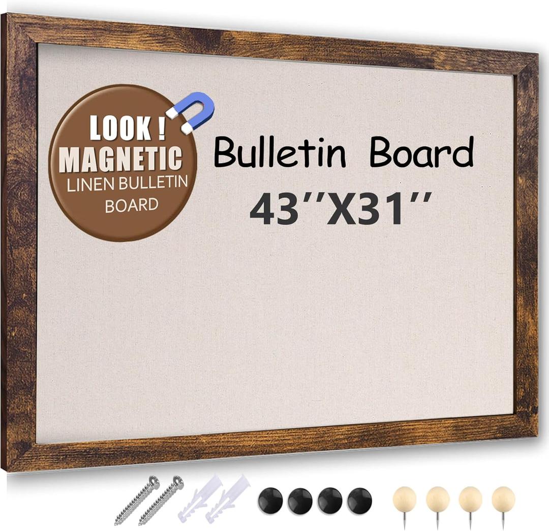 Large Magnetic Bulletin Board 43x31 Inch,Rustic Wood Framed Cork Board with LinenWall Mounted Notice Board with Pushpins for Home Office School (43inchx31inch, Brown)
