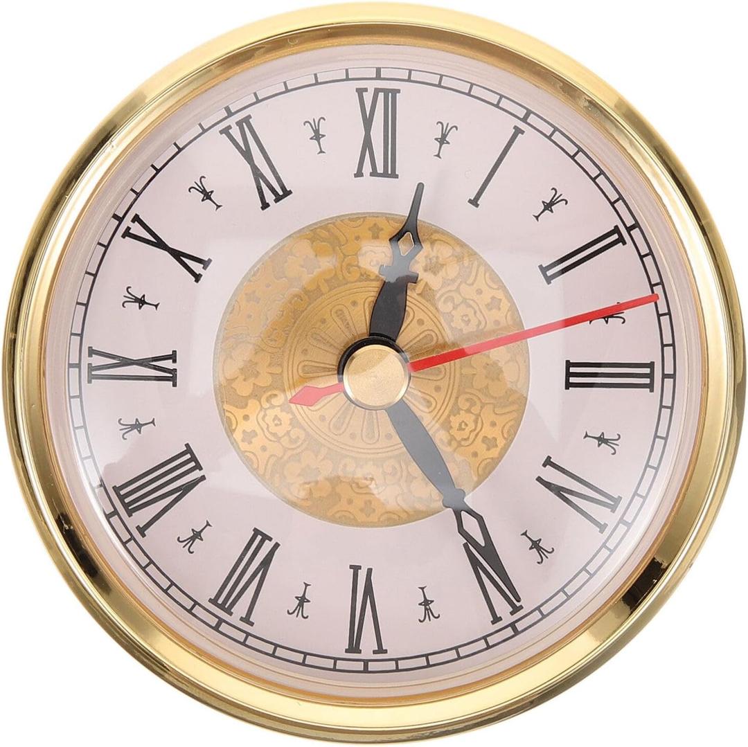 Clock Insert 3 Inch Round Quartz Clock Fit-up Movement Miniature White Dial Gold Trim with Roman Numerals for Home Office Nursery Bathroom Classroom