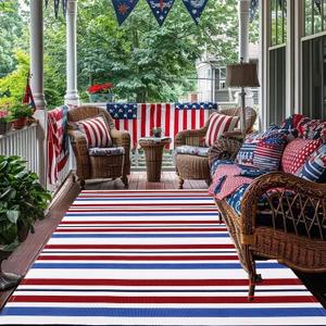 CAINANEL Blue/White/Red Striped Rug 4th of July Door Mat 4' x 6' Summer Front Porch Rug Independence Day Welcome Doormats for Farmhouse Entrance Porch Outdoors Decor (Blue/red/White, 4' x 6')
