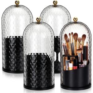 Acellegic 4 Pack Makeup Brush Holder with Lid 360° Rotating Cosmetic Organizer with 3 Compartments Dustproof Beauty Brush Storage for Vanity Bathroom Countertop(Black)