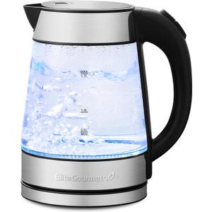 Elite Gourmet EKT-602 Electric BPA-Free Glass Kettle, Cordless 360 Base, Stylish Blue LED Interior, Handy Auto Shut-Off Function  Quickly Boil Water For Tea & More (1.8 Quarts, Stainless Steel/Glass)