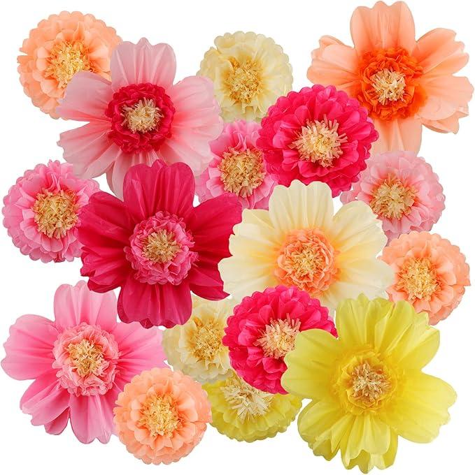 Crowye 24 Pcs Large Colorful Tissue Paper Flowers Decorations 20" and 10'' Giant Fiesta Craft Crepe Paper Flowers for Wall Decor Backdrop Mexican Wedding Birthday Carnival Party (Fresh Color)