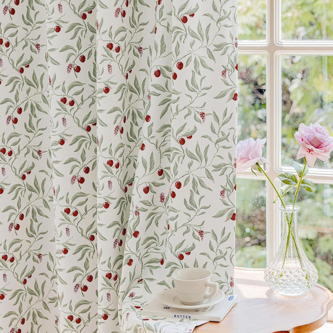 ugoutry 100% Blackout Beige Curtains 96 Inches Long for Bedroom, Red and Green Cherry Leaves Patterned Curtains for Living Room, Farmhouse Thermal Insulated Botanical Drapes Grommet 2 Panels Set