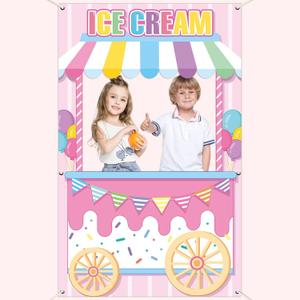 Ice Cream Shoppe Photo Prop Backdrop for Girl's Ice Cream Birthday Party Decorations Fabric Sweet Backdrop Background Banner Birthday Party Supplies Favors 62.9 x 39.3 Inch