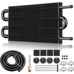 5/16" Transmission Oil Cooler Kit, Universal Aluminium Black alloy 4 Pass Ultra-Cool Tube and Fin Oil Cooler Kit Compatible with Ford Chevrolet Dodge Ram Truck
