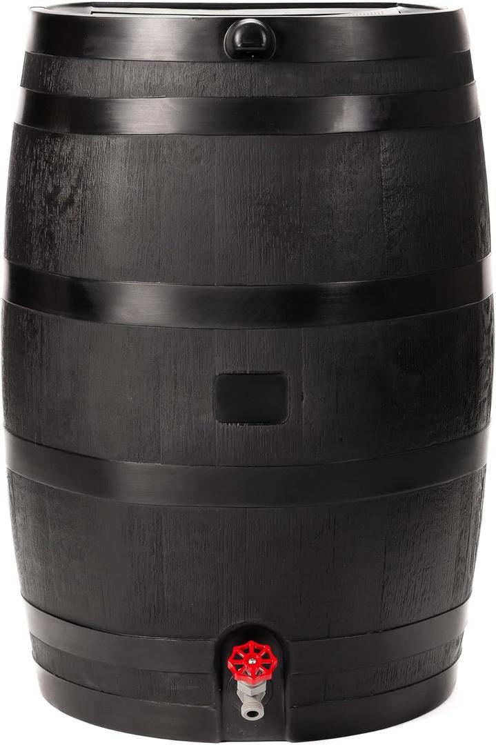 50-Gallon ECO Rain Barrel Made with 100% Recycled Plastic, Flat Back Rain Water Collection Barrel, Black