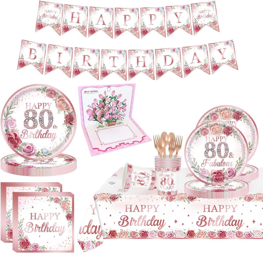 DWEARY floral 80th birthday decorations for women - 20 Guests - happy 80th party plates and napkins with birthday card - flower rose gold 80 year old decor supplies