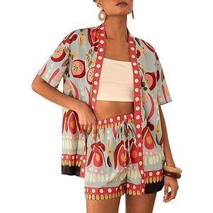 Women Boho Tropical Print Beach Cover Up Shorts Set 2 Piece Summer Lounge Outfit Lightweight Swimwear Matching Outfit (Large, 04red)