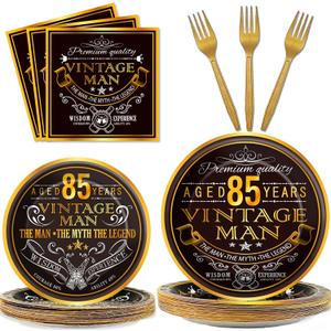 Wiooffen 96 Pcs Vintage 85th Party Tableware Set Back in 1941 85th Theme Birthday Party Table Decoration Supplies Cheers to 85 Years Paper Plate Napkin Fork 24 Guests for Men