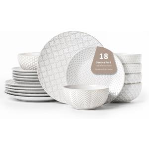 FOBENTA 18 Piece Embossed Dinnerware Sets for 6, Scratch-Resistant Plates and Bowls Sets, Microwave & Dishwasher Safe, Elegant Stoneware for Family Gatherings A Gift for Growing Households