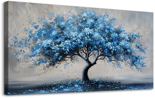 KELIYUAN Canvas Wall Art For Living Room Framed Wall Decorations For Bedroom Office Wall Decor Abstract Painting Blue Tree Pictures Artwork Ready To Hang Guesthouse Room Mural Home Decor 20x40 In