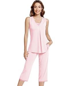 NACHILA Women's Pajamas Set Sleeveless Sleepwear Capri Pants with Pleated Tank Top Pj Sets Soft Loungewear, Viscose Made from Bamboo Pink M