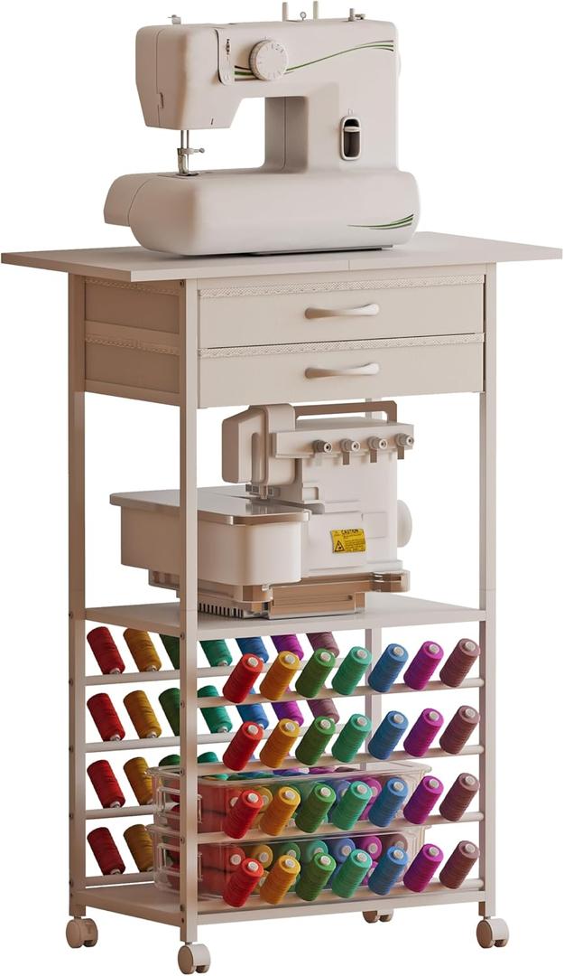Rolling Sewing Machine Table with 2 Fabric DrawersCraft Table on Wheel with Spools Thread HolderPortable Sewing Cabinet for Embroidery Machine with 3 Open Shelves for Small Spaces (White)
