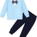YALLET Toddler Boy Clothes Fake Two Piece Polo Sweatshirt Fall Winter Pullover Top+Bowtie+Pants Outfit Set for Kids(Blue, 3-4T)