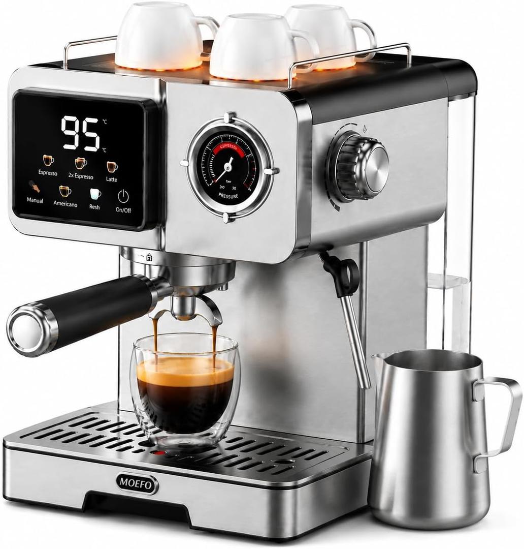 58mm Espresso Machine with Milk Frother, 20 Bar Semi-Automatic Coffee Maker, Visual Pressure Gauge & Touchscreen LCD Display, Professional Home Espresso Machine for Latte & Cappuccino, Silver