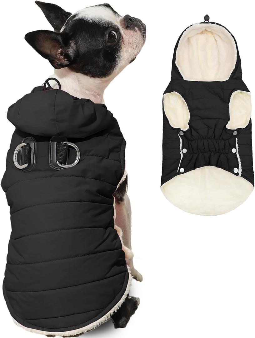 Fleece Lining Dog Hoodie with Harness Built in, Extra Warm Small Dog Jacket in Winter Puppy Coats with Drawstring Hooded, Black (Small (Pack of 1)