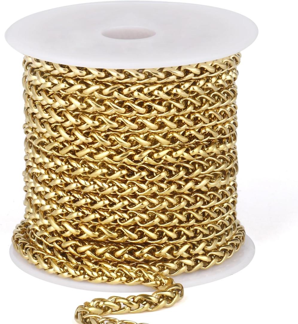 16.5FT 18K Gold Plated Wheat Chains Roll 4mm Gold Stainless Steel Wheat Link Chain Spool Bulk for Jewelry Making