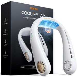 TORRAS COOLiFY Air Neck Air Conditioner, Ultra-Light Portable Neck Fan Rechargeable, Personal Cooling Device Neck Fans that blow cold air with 3 Modes Fan/Cooler/Heat, White