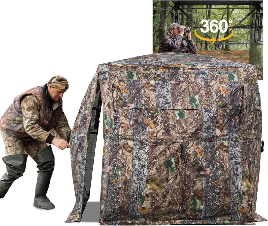 Hunting Blind 360 Degree See Through Ground Blind for Deer Hunting, 3 Person Pop Up Camouflage Tent for Deer and Turkey, Portable Concealed Shelter with Carrying Bag (blind-360)