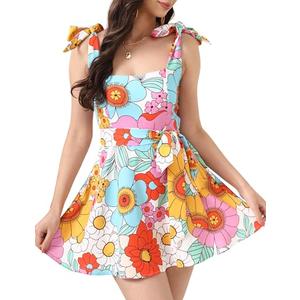 Womens Floral Mini Dress Casual Summer Sleeveless Flower Dresses Square Neck A line Short Dress with Pockets Orange M Womens Floral Mini Dress Casual Summer Sleeveless Flower Dresses Square Neck A line Short Dress with Pockets Orange M