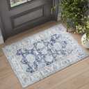 jinchan Fiora Floral 2x3 Rug for Entryway - Vintage Washable Area Rug Ultra-Thin Low Pile Soft Small Non Slip Distressed Indoor Door mat Accent for Entrance Kitchen Bathroom Bedroom (2x3ft, Dark Blue)