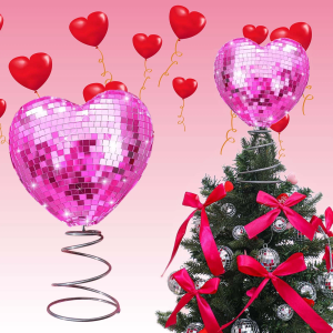 Gejoy Valentine's Day Tree Topper Disco Sequin Ball Treetop Glitter Heart Ornament Flash Love Topper Decor 9.06 x 6.69 Inches for Valentine's Day Wedding Holiday Party Supplies Gift(Pink)