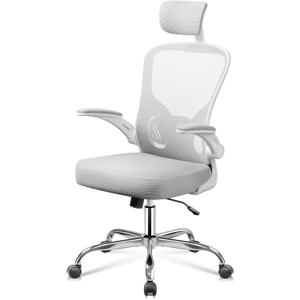 DEVAISE Office Chair High Back Mesh Ergonomic Desk Chair with Flip-up Armrests, Adjustable Headrest and Lumbar Support, White