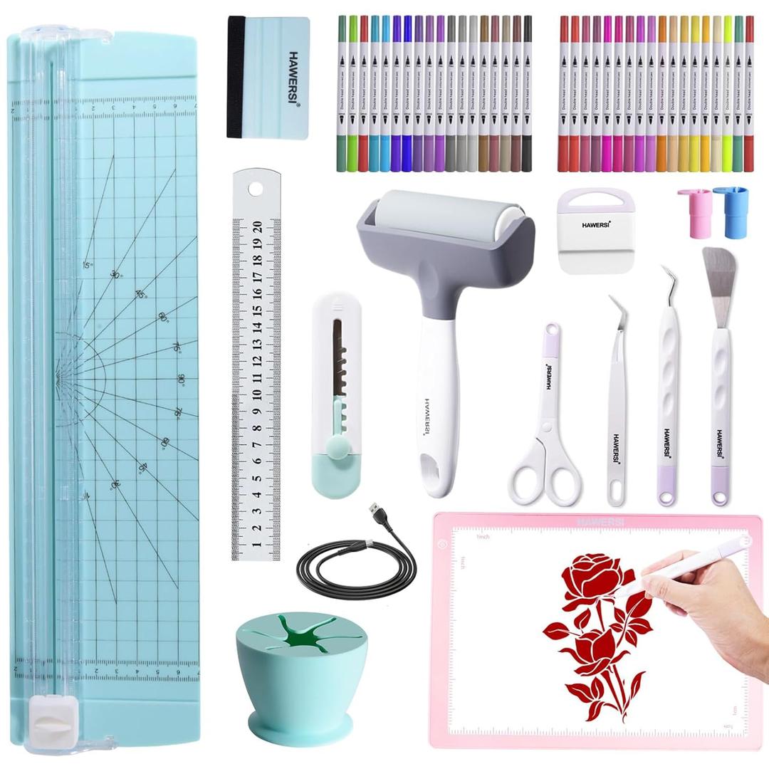 HAWERSI Essential Craft Tools Set for Cutting Machine,Weeding Tools for Vinyl,Paper Cutter,Light Pad,Vinyl Weeding Scrap Collector,Brayer Rollers,Craft Accessories Bundle for Craft Projects