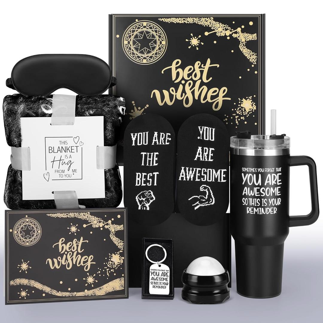 Valentines Day Gift Basket for Men  Romantic Gift Box for Boyfriend or Husband, Anniversary Birthday Present, Premium Self Care Set with Blanket, 40oz Tumbler, Socks & Accessories