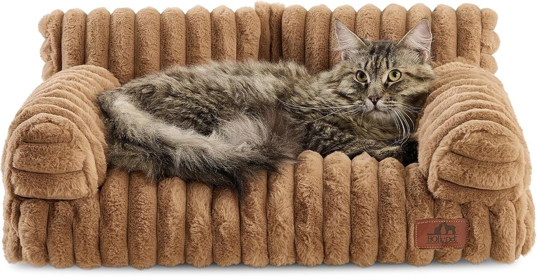 Hollypet Fluffy Dog Cat Bed Pet Couch Beds Plush Soft Warming Washable Puppy Bed for Small Medium Dogs and Large Cats, Brown, 24" L x 18" W x 10" Th