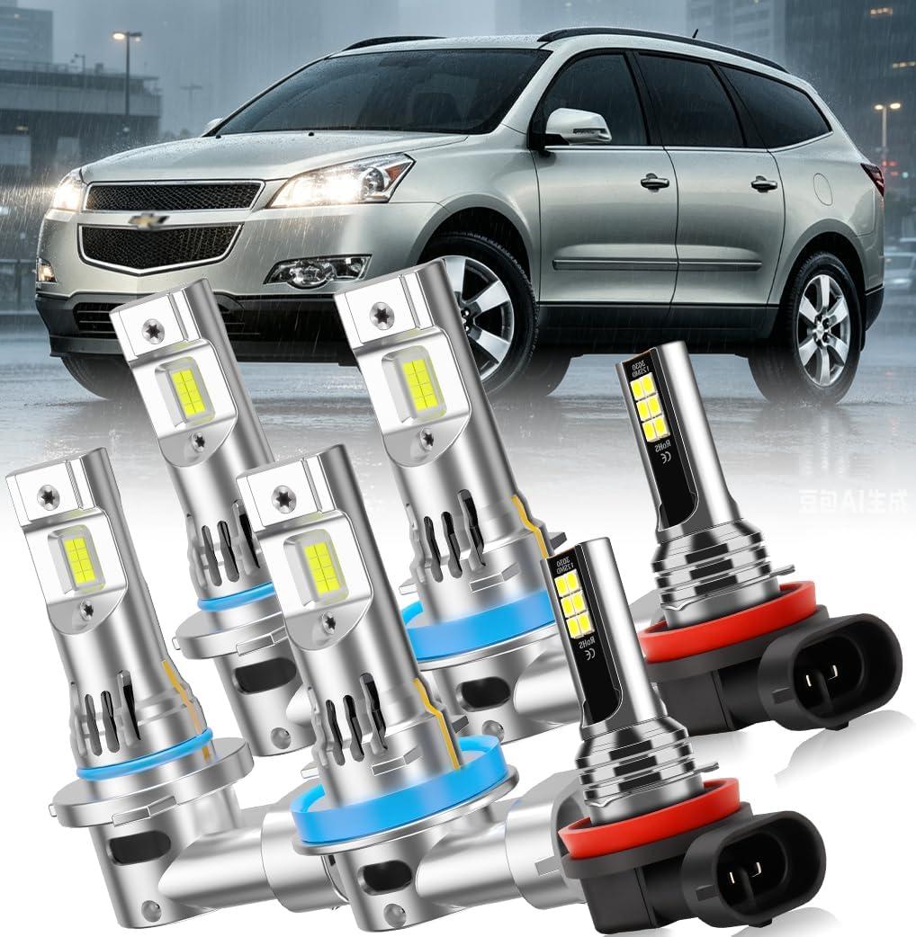 Light Bulbs for Chevrolet Traverse 2009-2012,6-Pack | 9005 High Beam, H11 Low Beam and Fog Lights, 6500K White, 55W with Fan