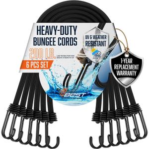 6 Piece Strong Bungee Cords with Hooks 36 Inch - Heavy Duty Outdoor Black Bungy Straps with Metal Hooks - 3ftt Bungie Chords Set UV & Weather Resistant