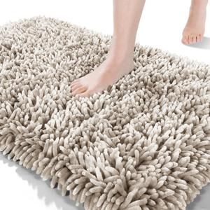 Yimobra Long Chenille Bathroom Rug Mat 44.1 x 24, Soft Comfortable Non-Slip Large Size Bath Mat, Super Absorbent, Machine Washable Quick Dry, Luxury Plush Thick Runer Bath Rug Mat, Khaki